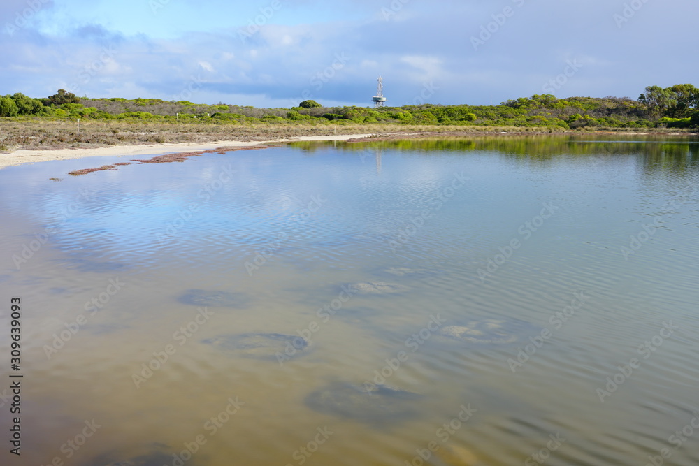 View of Lake Thetis in Nambung National Park, a saline coastal lake with stromatolites in Cervantes, Western Australia