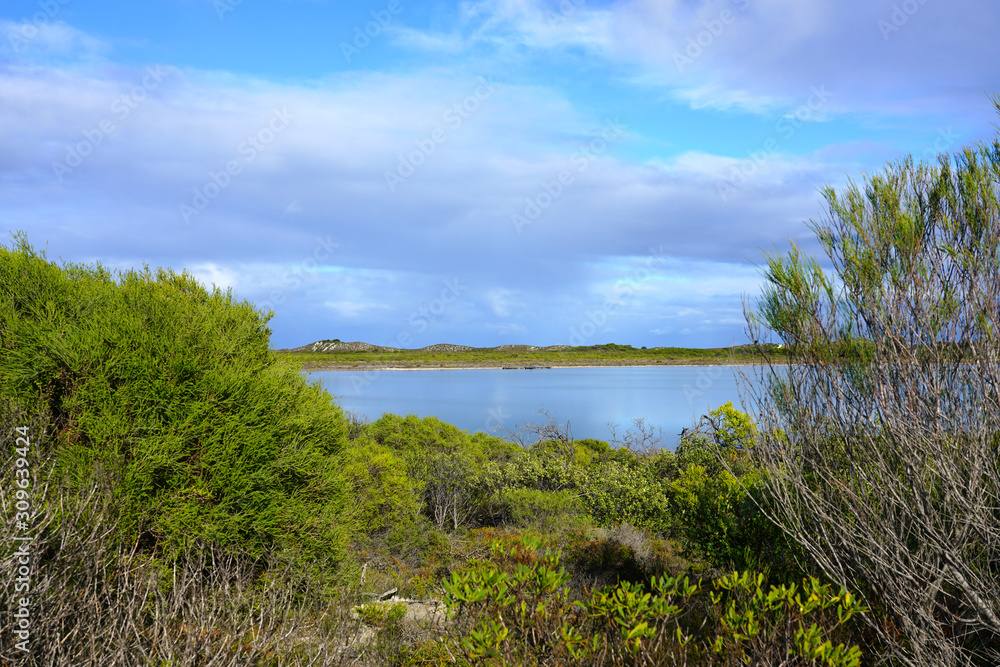 View of Lake Thetis in Nambung National Park, a saline coastal lake with stromatolites in Cervantes, Western Australia View of Lake Thetis in Nambung National Park, a saline coastal lake with stromatolites in Cervantes, Western Australia