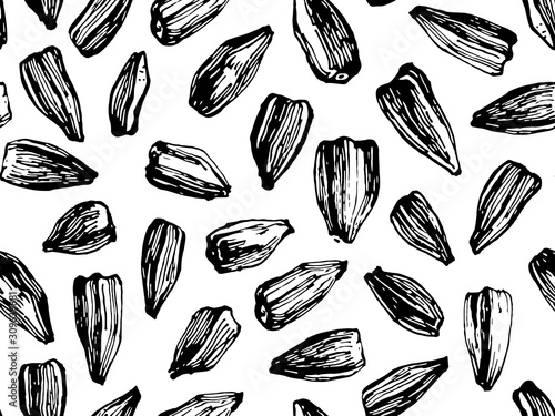 Hand drawn seamless vector pattern background illustration with sunflower seeds. © Sarema