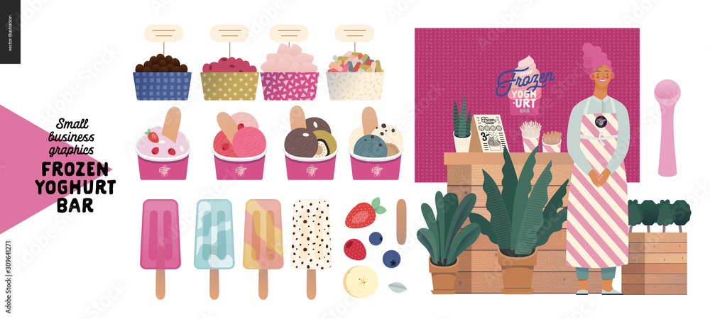 Frozen yoghurt bar - small business graphics - shop owner -modern flat vector concept illustrations - smiling woman wearing striped apron at the counter, range of frozen yoghurt and ice cream Frozen yoghurt bar - small business graphics - shop owner -modern flat vector concept illustrations - smiling woman wearing striped apron at the counter, range of frozen yoghurt and ice cream