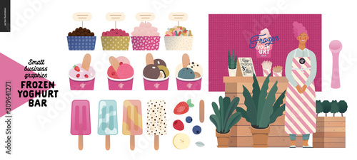 Frozen yoghurt bar - small business graphics - shop owner -modern flat vector concept illustrations - smiling woman wearing striped apron at the counter, range of frozen yoghurt and ice cream