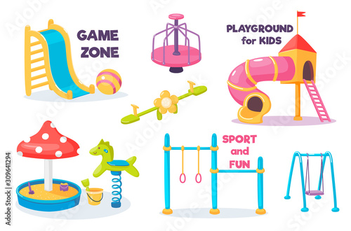 Playground for kids set with slide and swing, carousel and sandbox and horizontal bar with rings. Children area for games. Kindergarten equipment collection. Cartoon cute vector illustration.