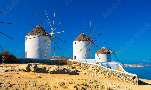 Famous Mykonos town windmills, Mykonos island, Cyclades, Greece