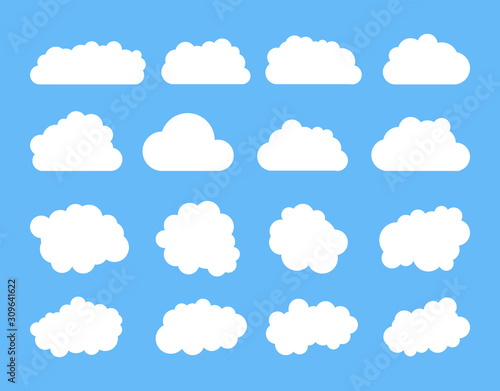 Cloud in flat style set on blue background. Vector illustration