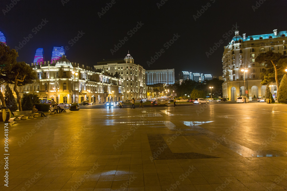 Night view of Azneft Square. Baku. Azerbaijan