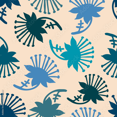 Modern seamless vector botanical colourful pattern with silhouettes of decorative flowers. Can be used for printing on paper, stickers, badges, bijouterie, cards, textiles. 