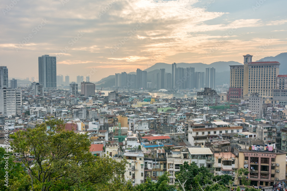 Panoramic view of the cityscape of Macau, China. Modern and old buildings of Macao city.