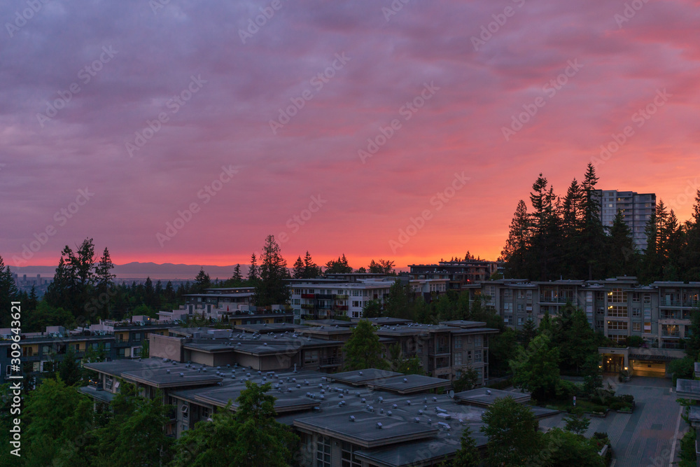 Spring sunset at UniverCity on Burnaby Mountain