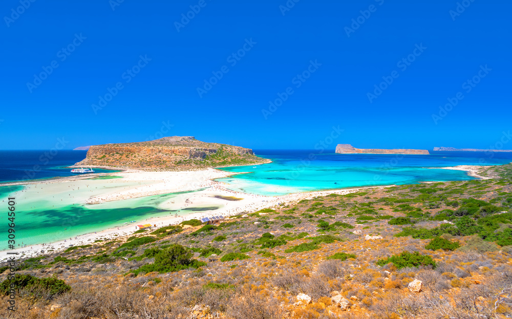 Amazing view of Balos Lagoon withmagical turquoise waters, lagoons, tropical beaches of pure white sand and Gramvousa island on Crete, Greece