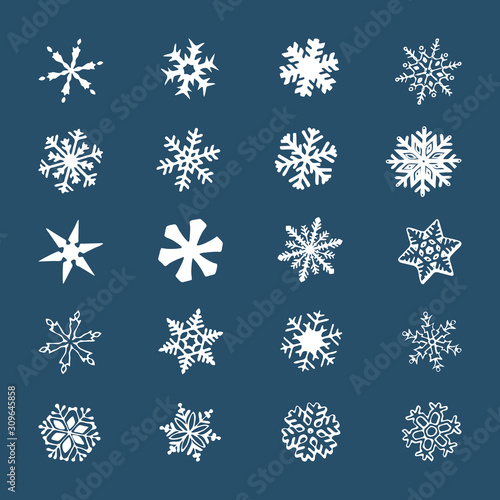 Cute snowflakes set isolated on white background. Flat snow icons, silhouette. Nice element for Christmas banner, cards. New year ornament.