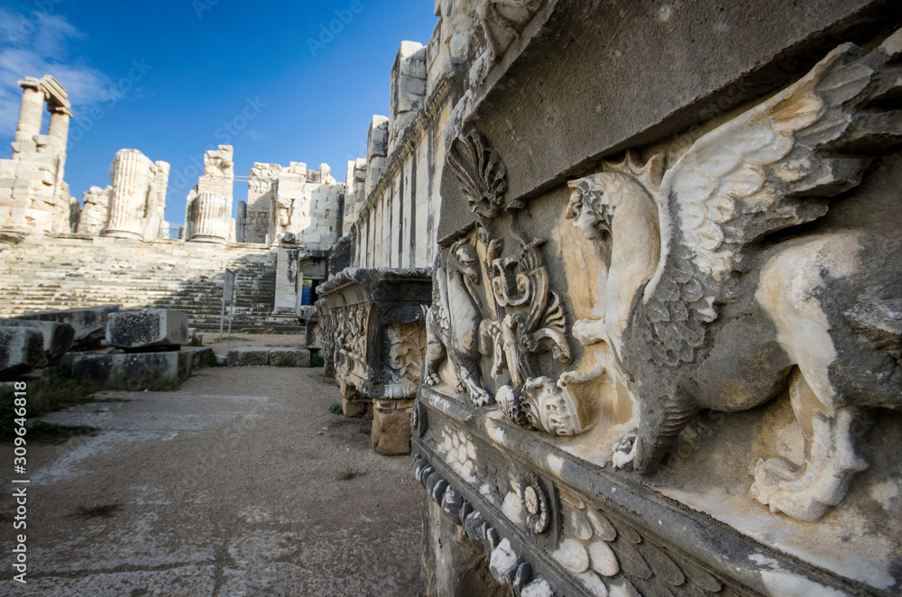 dragon relief on the wall of apollon temple of didyma ancient city