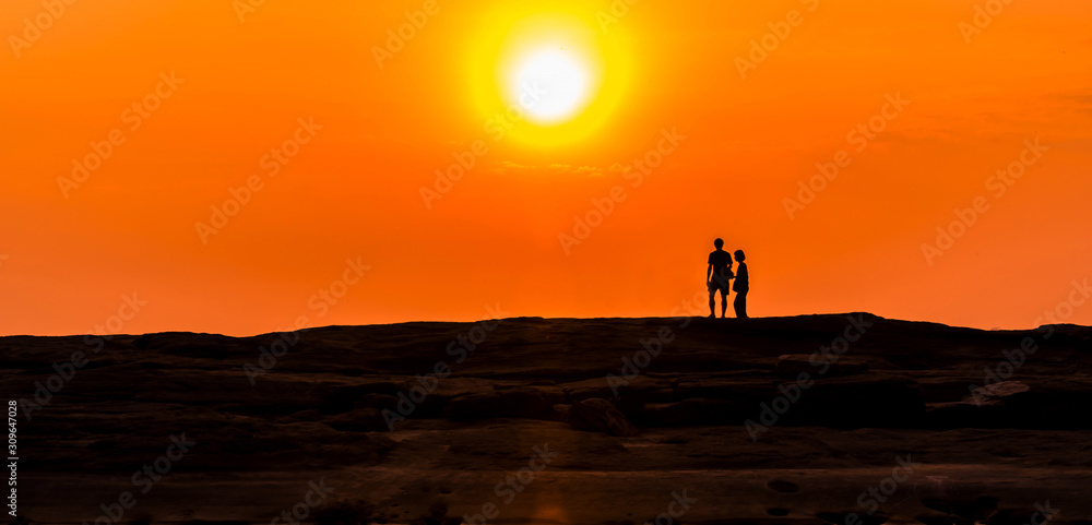 Amazing sunset and sunrise.Panorama silhouette tree in africa with sunset.Tree silhouetted against a setting sun.Dark tree on open field dramatic sunrise.Safari theme.Giraffes , Lion , Rhino.