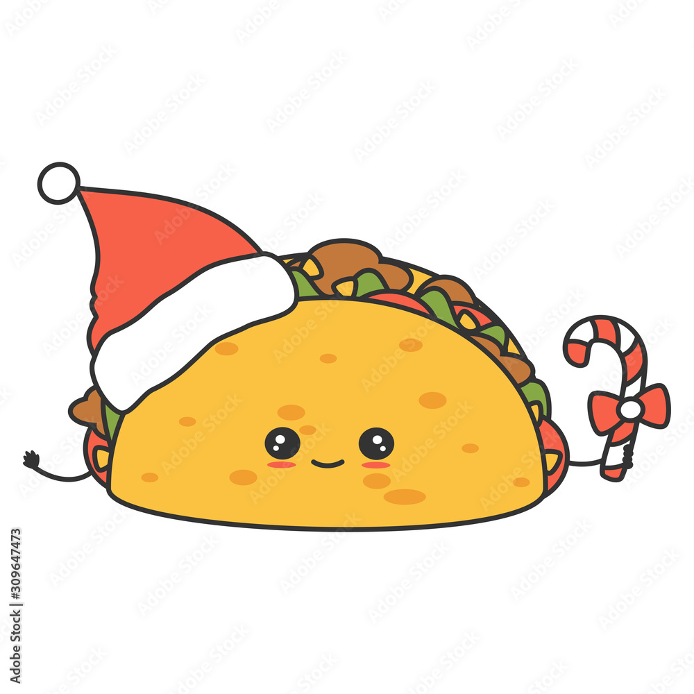 cute cartoon character christmas vector tacos with santa claus hat and candy cane isolated on white background cute cartoon character christmas vector tacos with santa claus hat and candy cane isolated on white background