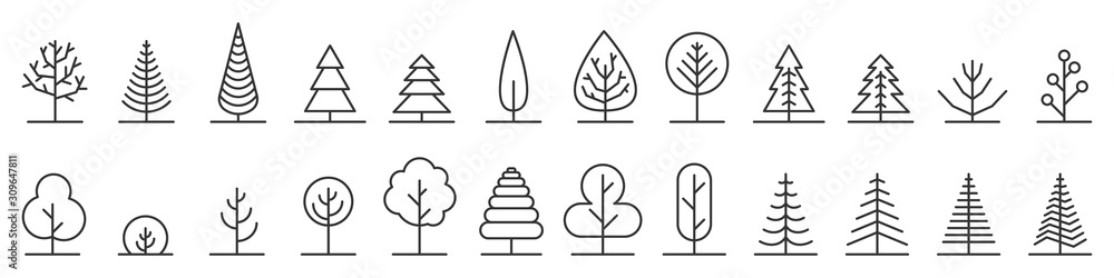 Plakat Duży set minimalnych drzew liniowe ikony - wektor