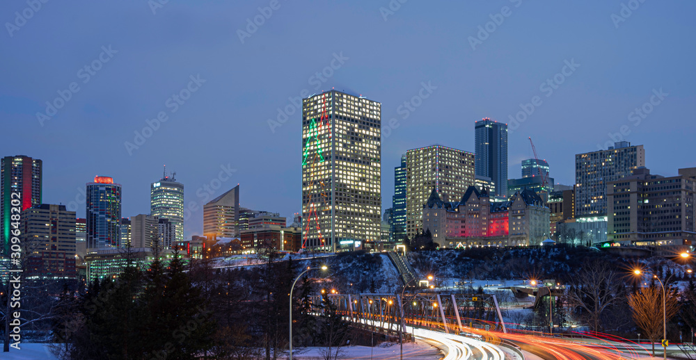 Fototapeta premium Panoramic view of downtown night lights before Christmas in Edmonton, Alberta, Canada,