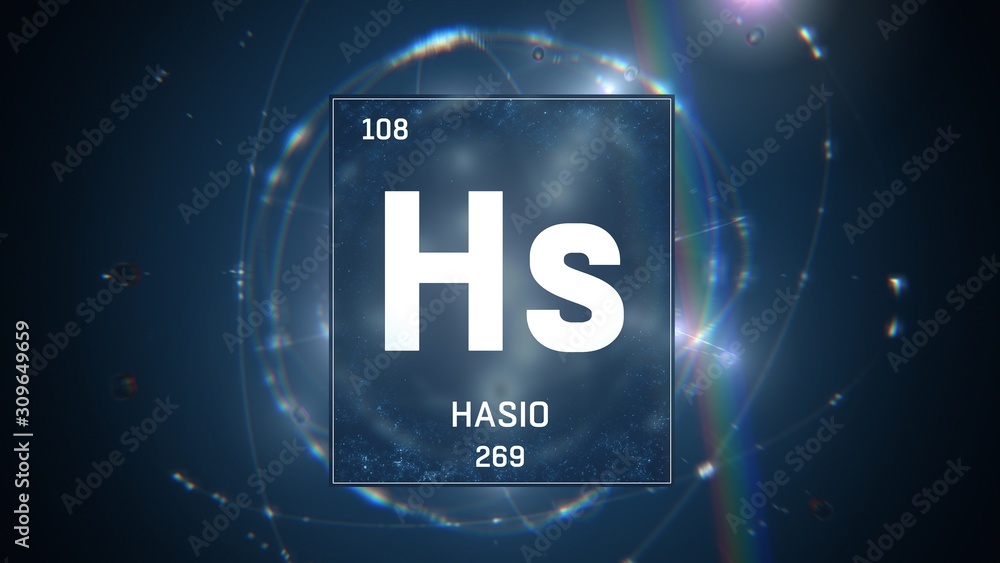 3D illustration of Hassium as Element 108 of the Periodic Table. Blue illuminated atom design background with orbiting electrons. Name, atomic weight, element number in Spanish language 3D illustration of Hassium as Element 108 of the Periodic Table. Blue illuminated atom design background with orbiting electrons. Name, atomic weight, element number in Spanish language