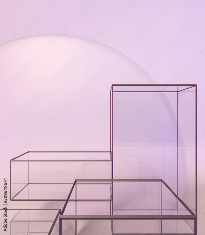 Glass exhibition box. Transparent podium, pedestal, base for goods. Light advertising poster background for discounts. Empty glass cube space templates. 3d render illustration. Glass exhibition box. Transparent podium, pedestal, base for goods. Light advertising poster background for discounts. Empty glass cube space templates. 3d render illustration.