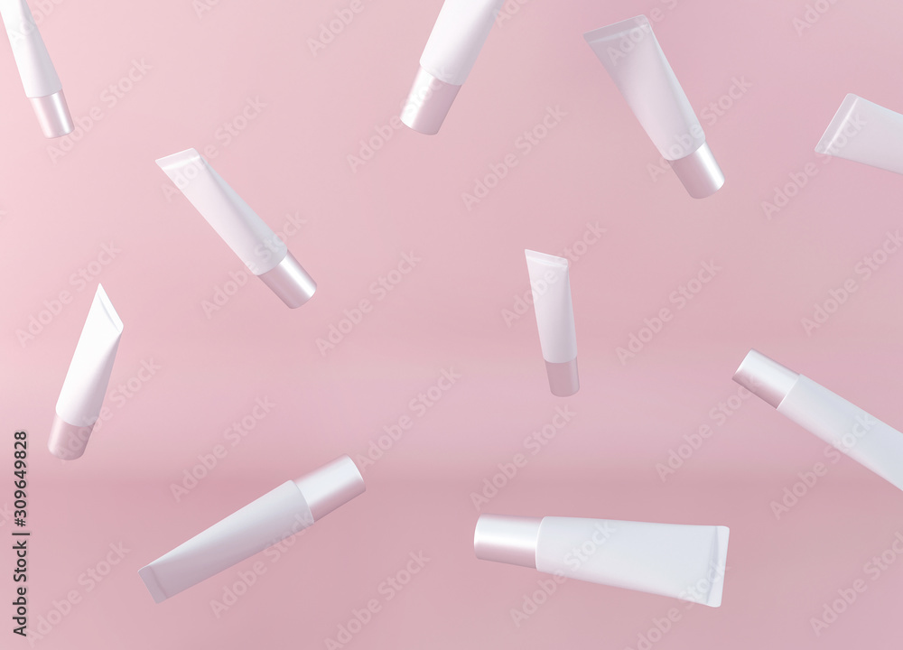 Cosmetic cream - moisturizing, smoothing facial wrinkles. 3d render illustration. White Container tube - package template. Pink pastel advertising poster. Brand product for women. Gel cream packing Cosmetic cream - moisturizing, smoothing facial wrinkles. 3d render illustration. White Container tube - package template. Pink pastel advertising poster. Brand product for women. Gel cream packing
