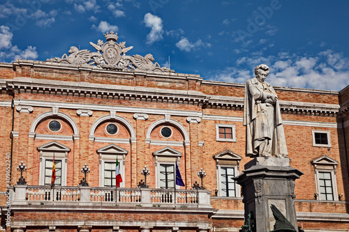 Recanati, Marche, Italy: the statue of the poet Giacomo Leopardi and the town hall photo