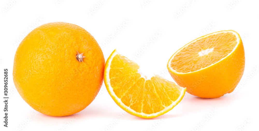 Fototapeta premium Orange fruit sliced juicy isolated on white background, closeup