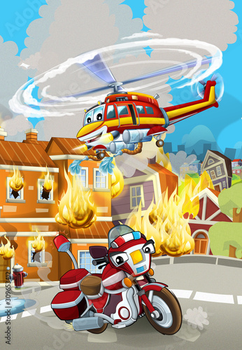 cartoon scene with fireman car vehicle near burning building - illustration for children