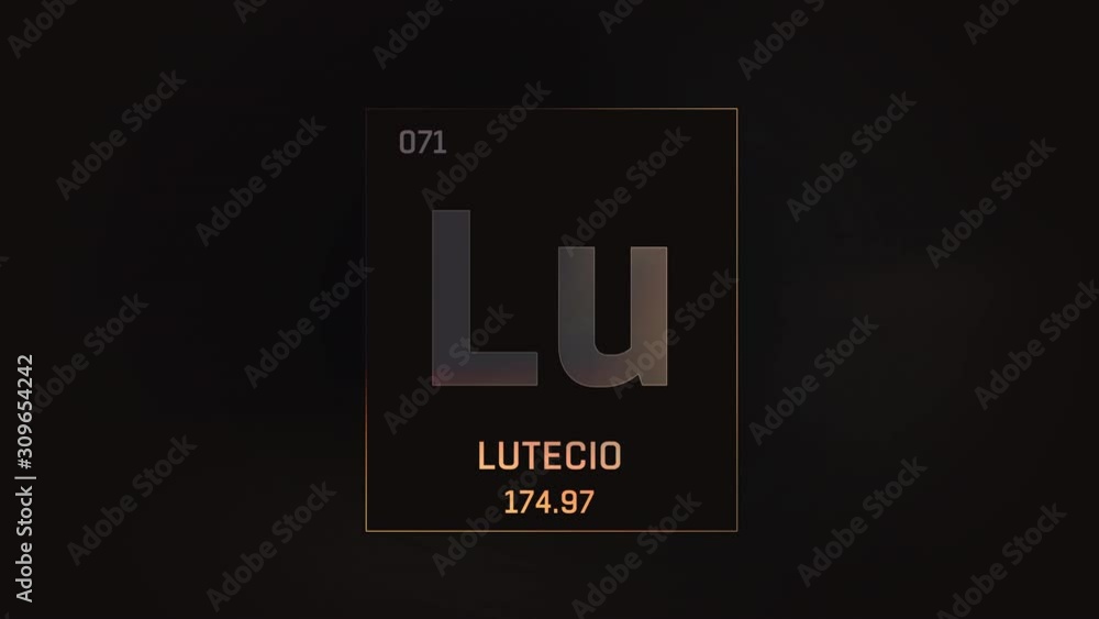Lutetium as Element 71 of the Periodic Table. Seamlessly looping 3D animation on grey illuminated atom design background with orbiting electrons. Name, atomic weight, element number in Spanish languag Lutetium as Element 71 of the Periodic Table. Seamlessly looping 3D animation on grey illuminated atom design background with orbiting electrons. Name, atomic weight, element number in Spanish languag