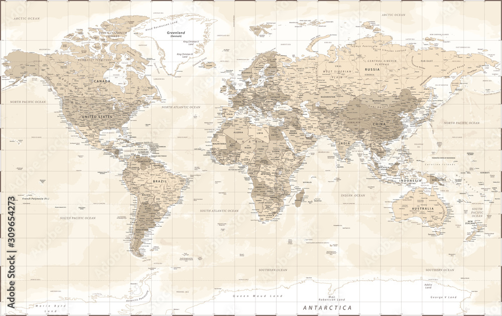 Naklejka Mapa świata - Vintage Retro Stary styl - Szczegółowa ilustracja wektorowa