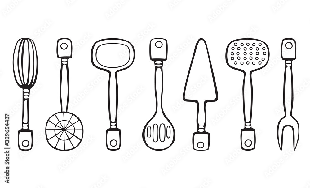 Set of kitchen and cook utensils. Hand linear black and white drawing, vector illustration isolated on white background. Set of kitchen and cook utensils. Hand linear black and white drawing, vector illustration isolated on white background.