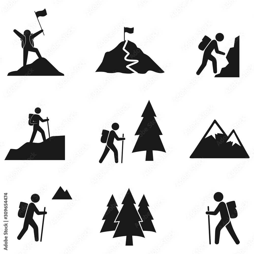 Hiking icon set, illustration isolated vector sign symbol Stock