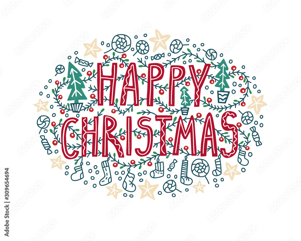 Fototapeta premium Vector illustration of a lettering composition with the words Happy Christmas, with a pattern of sweets and a Christmas stocking