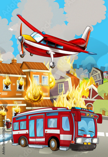 cartoon scene with fireman car vehicle near burning building - illustration for children