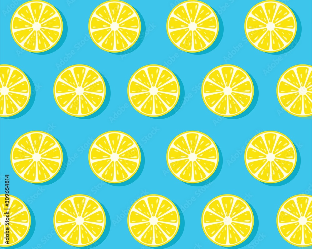Trendy sunlight Summer pattern made with yellow lemon slice on bright light blue background. Minimal summer concept. Trendy sunlight Summer pattern made with yellow lemon slice on bright light blue background. Minimal summer concept.