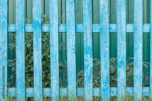 Old rustic wooden fence with shabby blue paint