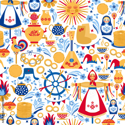 Shrovetide or Maslenitsa. Russian inscription Maslenitsa wide Wide Maslenitsa seamless pattern. Great Russian holiday Shrovetide. Vector illustration.