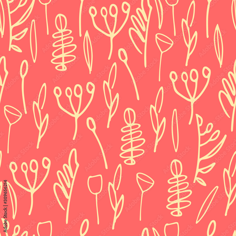 Seamless pattern with hand drawn leaves, inflorescences, branches on poppy-red color background Seamless pattern with hand drawn leaves, inflorescences, branches on poppy-red color background