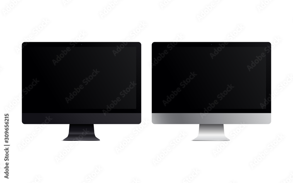 Blank screen LCD monitor space grey and silver imac pro style computer mockup. Realistic illustration isolated on white background for website preview; presentation etc. Vector EPS. Blank screen LCD monitor space grey and silver imac pro style computer mockup. Realistic illustration isolated on white background for website preview; presentation etc. Vector EPS.