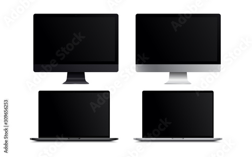 Blank screen LCD monitor space grey and silver imac and macbook pro style computer mockup. Realistic illustration isolated on white background for website preview; presentation etc. Vector EPS.