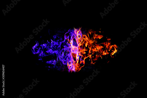 Fire fusion made from different colors (blue, pink, red) on the black background. 