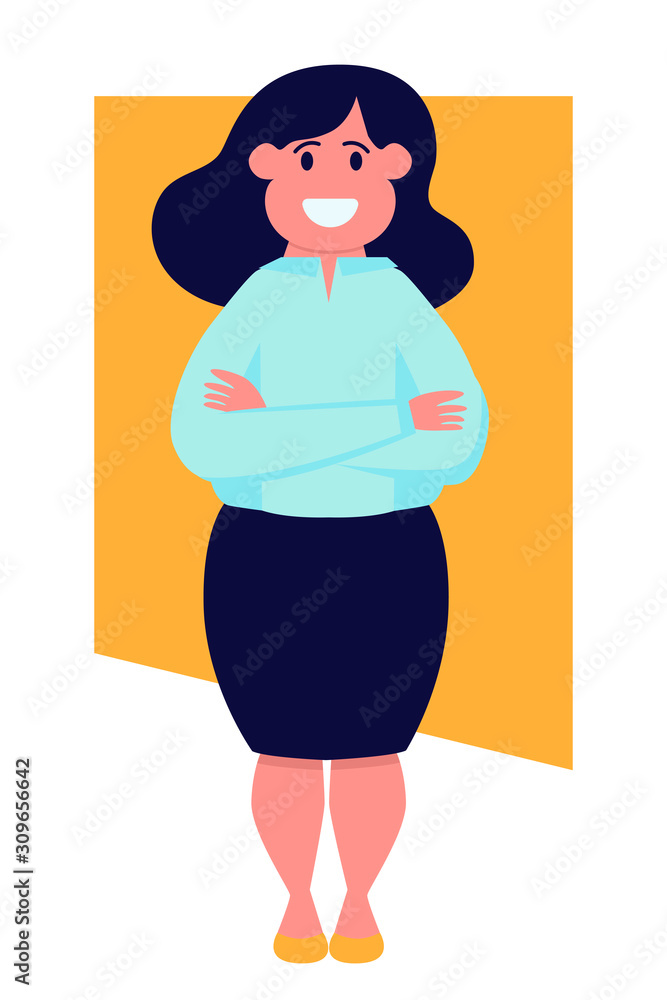 Happy modern business woman in a skirt stands and smiles. Vector illustration Happy modern business woman in a skirt stands and smiles. Vector illustration