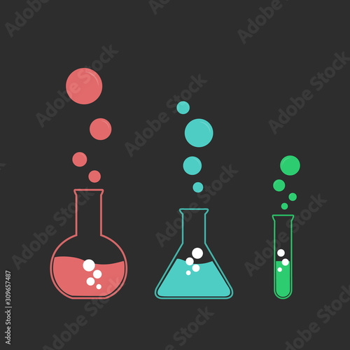 Test tubes. Laboratory glassware.  Graduated lab tube, beaker and flask filled different colors liquids illustration. Equipment for chemical test collection.