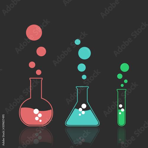 Test tubes. Laboratory glassware.  Graduated lab tube, beaker and flask filled different colors liquids illustration. Equipment for chemical test collection.