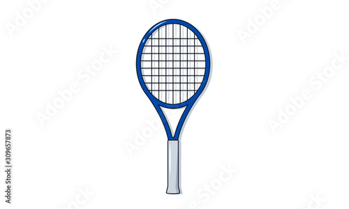 Tennis racket vector illustration.Flat linear image of sport equipment - blue tennis racquet - isolated on white. Healthy lifestyle, sport and fitness, playing games concepts.