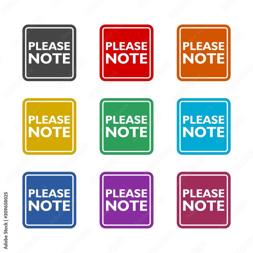 Text sign showing Please Note color icon set isolated on white background Text sign showing Please Note color icon set isolated on white background