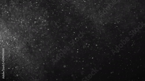 Natural Organic Dust Particles Floating On Black Background. Glittering Sparkling Particles Randomly Spin In The Air With Bokeh. Dynamic Particles With Fast And Slow Motion. Shimmering Dust In Space. photo