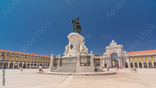 Commerce Square in Lisbon timelapse hyperlapse, Portugal. Statue of of King Jose I in foreground