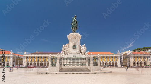 Commerce Square in Lisbon timelapse hyperlapse, Portugal. Statue of of King Jose I in foreground