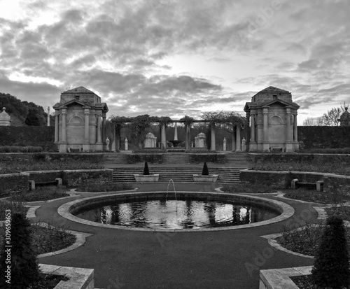 Photography black and white winter sunset in the War memorial gardens in Dublin ireland arch