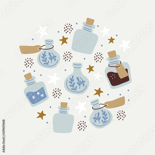 Circle illustration  colorful magic potion bottles