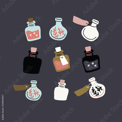 Vector set of colorful magic potion bottles