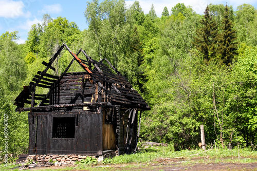 Burnt wooden house